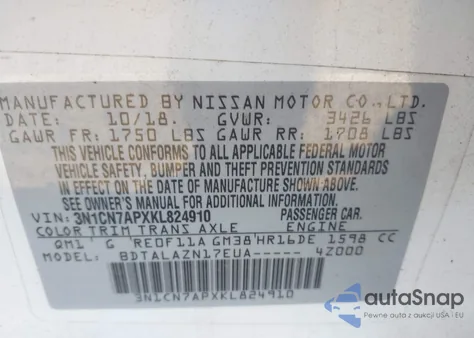 2019 Nissan Versa 1.6 S+ z USA, uszkodzony, nr VIN 3N1CN7APXKL824910